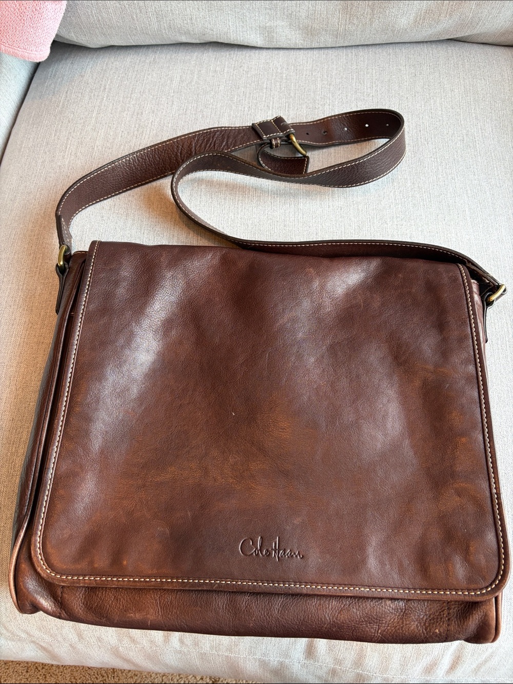 Cole Haan Brown Leather Flap Messenger Bag with Adjustable Strap